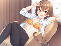  :d arms_up biyoushitsu_aphrodite black_pants blush bra brown_eyes brown_hair collared_shirt commentary_request feet_out_of_frame female frilled_bra frills hair_ornament hairclip highres indoors knees_together_feet_apart knees_up long_sleeves looking_at_viewer lying navel official_art on_back open_clothes open_mouth open_shirt orange_bra outstretched_arm pants recliner shirt short_hair sink sleeves_rolled_up smile solo super_nagoyaka underwear white_shirt yurumi_narumi 