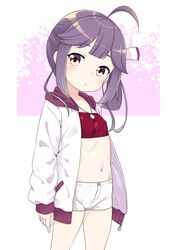  ahoge alternate_costume asymmetrical_bangs bad_id bad_twitter_id bandeau breasts casual closed_mouth cowboy_shot female fujinami_(kancolle) hair_ribbon inactive_account jacket kantai_collection long_hair looking_at_viewer midriff nassukun navel open_clothes open_jacket purple_hair red_bandeau ribbon shorts side_ponytail small_breasts solo white_jacket white_ribbon white_shorts yellow_eyes 