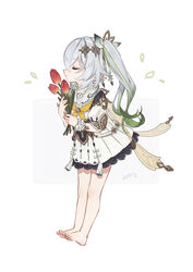  alternate_costume bare_legs barefoot closed_eyes closed_mouth collarbone dress feet female flower frilled_dress frills full_body genshin_impact gradient_hair green_eyes green_hair hair_between_eyes hair_ornament highres holding leaf long_hair multicolored_hair nahida_(genshin_impact) pointy_ears ribbon sacanahen school_uniform scrunchie serafuku side_ponytail sidelocks signature simple_background smelling_flower smile solo tassel toes white_dress white_hair wrist_scrunchie 