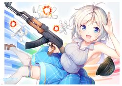  .live absurdres ahoge akm armpits assault_rifle bare_shoulders blue_eyes breasts brown_footwear camouflage camouflage_headwear collarbone dated dennou_shoujo_siro female finger_on_trigger gun helmet highres holding holding_weapon kalashnikov_rifle looking_at_viewer medium_breasts nijihashi_sora non-web_source open_mouth page_number rifle salute shiny shoes short_hair simple_background skirt sleeveless smile striped thighhighs vertical_stripes virtual_youtuber weapon white_background white_hair zettai_ryouiki 