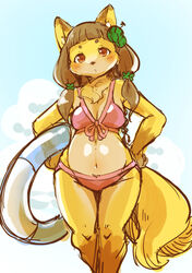  2020 anthro bikini breasts brown_hair canid canine cleavage clothed clothing female fox fur hair hand_on_hip inflatable inner_tube kemono mammal navel setouchi_kurage solo swimwear yellow_body yellow_fur 