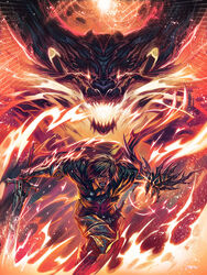  2boys andrea_guardino angry armored_legwear black_cape black_hair breath_weapon breathing_fire cape claws clive_rosfield dual_persona facial_hair facial_tattoo fangs final_fantasy final_fantasy_xvi fire glowing glowing_eyes highres horns ifrit_(final_fantasy) looking_at_viewer multiple_boys open_mouth sharp_teeth spiked_arm sword tattoo teeth weapon 