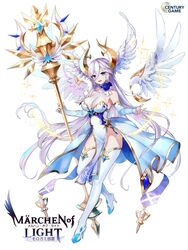  :d angel angel_wings armpits bare_shoulders blue_eyes blue_gloves boots breasts choker cleavage collarbone detached_wings dress elbow_gloves feathered_wings female fingerless_gloves flower full_body glint gloves gold_trim hair_between_eyes head_wings high_heel_boots high_heels highres holding holding_staff large_breasts long_hair looking_at_viewer marchen_of_light natsuiro_xx no_panties official_art open_mouth pelvic_curtain rose sidelocks simple_background sleeveless sleeveless_dress sleeveless_turtleneck smile solo staff thigh_boots thighhighs thighs turtleneck very_long_hair watermark white_background white_dress white_footwear white_hair wings 