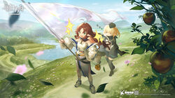  2girls :d ahoge apple apple_tree arknights bare_shoulders black_footwear black_headwear black_jacket black_legwear black_skirt blonde_hair brown_hair chinese_commentary closed_eyes closed_mouth commentary copyright_name copyright_notice day durin_(arknights) falling_leaves flag food fruit fruit_tree green_eyes grey_legwear hand_on_own_hip highres holding holding_flag jacket jell_(jell_y_fish) lake leaf loafers long_hair long_sleeves multiple_girls myrtle_(arknights) nose_bubble off_shoulder official_art open_clothes open_jacket outdoors parted_bangs pleated_skirt ponytail puffy_long_sleeves puffy_sleeves red_apple shirt shoes skirt sleeping smile socks sound_effects sparkle standard_bearer standing tank_top thighhighs tree very_long_hair water white_footwear white_jacket white_shirt white_skirt white_tank_top zzz 