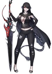  au_ra black_cape black_hair black_horns black_pants black_sclera black_shirt breasts bridal_gauntlets cape cinko cleavage collarbone colored_sclera dark_knight_(final_fantasy) dragon_girl dragon_horns dragon_tail female final_fantasy final_fantasy_xiv full_body greatsword hair_over_one_eye hand_on_own_hip hand_up holding holding_sword holding_weapon horns large_breasts light_smile long_hair looking_at_viewer midriff navel pale_skin pants parted_bangs parted_lips planted red_eyes sandals scales shirt simple_background sleeveless sleeveless_shirt solo standing stomach swept_bangs sword tail toes torn_clothes torn_pants warrior_of_light_(ff14) weapon white_background 