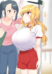  2girls arms_at_sides black_hair blush breasts clipboard commentary_request gym_uniform hair_tie highres holding holding_clipboard huge_breasts measuring multiple_girls open_mouth orange_eyes orange_hair original pink_shirt ponytail red_eyes red_shorts shirt shirt_tucked_in short_sleeves shorts stadiometer standing sweatdrop tented_shirt tied_hair tongue twintails white_shirt yue_(show-ei) 