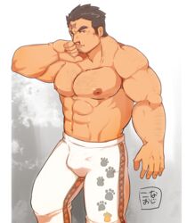  1boy abs absurdres arm_hair bara black_hair blood brown_hair bulge chest_hair cross_scar dark-skinned_male dark_skin facial_hair feet_out_of_frame hairy highres houzouin_oniwaka konaoji_(connersublow) large_pectorals long_sideburns male_focus mature_male muscular muscular_male navel nipples pants paw_print pectorals scar scar_on_face scar_on_forehead short_hair sideburns solo standing stomach stubble thick_eyebrows thighs tight_clothes tight_pants tokyo_afterschool_summoners topless_male white_pants wiping_blood wiping_nose 