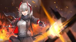  :d ahoge arknights artist_name black_gloves black_jacket black_scarf black_skirt breasts commentary controller cowboy_shot demon_tail detonator embers english_commentary explosion explosive female fingerless_gloves fire gloves grey_hair grey_shirt hair_between_eyes highres holding horns jacket junshiki looking_at_viewer medium_breasts miniskirt mk_18_carbine multicolored_hair nail_polish open_clothes open_jacket open_mouth orange_eyes outstretched_arms red_hair red_nails remote_control scarf shirt short_hair signature skirt smile solo streaked_hair tail two-tone_hair w_(arknights) 