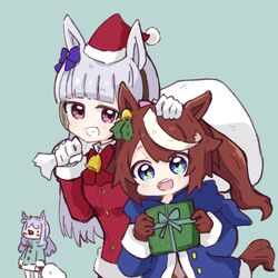  3girls :d animal_ears bell blue_eyes blue_jacket bow box brown_gloves brown_hair christmas commentary ear_bow ear_ribbon fake_animal_ears gift gift_box gloves gold_ship_(umamusume) green_background green_jacket green_ribbons grey_hair hand_on_another&#039;s_head hat holding holding_gift holding_sack hood hood_down hooded_jacket horse_ears horse_girl horse_hood horse_tail jacket long_hair long_sleeves mejiro_mcqueen_(umamusume) multicolored_hair multiple_girls nozo_(hitomiz) ponytail purple_bow purple_hair red_bow red_eyes red_jacket red_nose ribbon sack santa_costume santa_hat smile sparkling_eyes streaked_hair symbol-only_commentary tail tokai_teio_(umamusume) umamusume very_long_hair white_gloves white_hair 