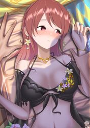  absurdres bikini black_bikini blush breasts brown_eyes brown_hair cleavage collarbone earrings embarrassed female flower front-tie_bikini_top front-tie_top grabbing grabbing_another&#039;s_arm highres idolmaster idolmaster_cinderella_girls jewelry large_breasts long_hair lying mifune_miyu motodouryou navel on_back open_mouth pov pov_hands swimsuit 