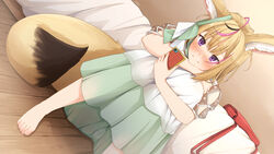  ahoge animal_ear_fluff animal_ears aobara_hairi bag barefoot bed bed_sheet blonde_hair blush cellphone check_commentary closed_mouth commentary_request dress dutch_angle feet female foot_out_of_frame fox_ears fox_girl fox_tail green_dress green_ribbons hair_ribbon highres holding hololive hugging_own_legs indoors leaning_forward light_brown_hair long_hair multicolored_clothes multicolored_dress multicolored_hair official_alternate_costume omaru_polka omaru_polka_(street_casual) on_floor phone pink_hair purple_eyes ribbon see-through see-through_sleeves short_sleeves shoulder_bag sitting smartphone solo streaked_hair tail toenails toes virtual_youtuber white_dress white_ribbon 