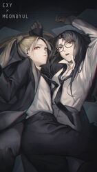  2girls absurdres akechi_(826988799) animification black_eyes black_gloves black_hair black_jacket black_pants blazer blonde_hair character_name chinese_commentary collared_shirt commentary_request crossover exy_(wjsn) formal glasses gloves grey_pants hair_behind_ear highres jacket k-pop mamamoo moonbyul_(mamamoo) multiple_girls open_mouth orange_eyes pants parted_bangs ponytail real_life shirt shirt_tucked_in suit white_shirt wjsn 