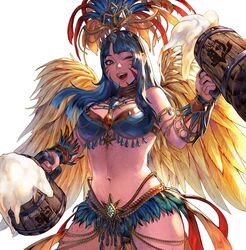  ;) alcohol armlet armor beer beer_mug bikini_armor blue_eyes blue_hair body_freckles breasts carnival commentary commission cup english_commentary feathers female headdress highres large_breasts lips long_hair midriff monster_hunter monster_hunter:_world mug navel one_eye_closed open_mouth passion_layered_armor_(mhw) simon_jude smile solo upper_body upper_teeth 