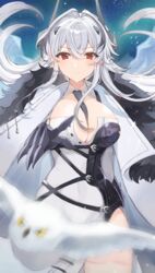  absurdres asymmetrical_dress azur_lane bird black_hair breasts cleavage cleavage_cutout closed_mouth clothing_cutout coat covered_navel female fur-trimmed_coat fur_trim hair_between_eyes hair_intakes highres horns iceberg kursk_(azur_lane) large_breasts long_hair looking_at_viewer multicolored_hair necktie night night_sky northern_parliament_(emblem) outdoors owl red_eyes rin_(yukameiko) sky streaked_hair two-tone_dress white_hair 