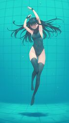  absurdres air_bubble amagami aqua_theme ayatsuji_tsukasa black_gloves black_hair black_one-piece_swimsuit bubble closed_eyes covered_navel female fingerless_gloves gloves highleg highleg_swimsuit highres long_hair navel one-piece_swimsuit rou_(rou22) swimsuit thighhighs turtleneck underwater 