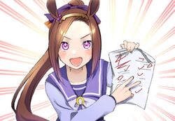  +_+ academic_test animal_ears blush bow brown_hair commentary_request emphasis_lines failure female hairband hairbow holding holding_paper horse_ears horse_girl long_hair long_sleeves michia_(bourgognepony) open_mouth paper ponytail purple_bow purple_eyes purple_shirt sailor_collar sakura_bakushin_o_(umamusume) school_uniform shirt solo test_score tracen_school_uniform umamusume upper_body v-shaped_eyebrows 