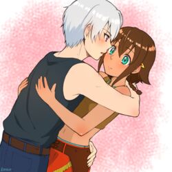  1boy amy_(suisei_no_gargantia) bare_shoulders blue_eyes blush braid brown_hair closed_mouth female grey_hair hug kokko ledo_(suisei_no_gargantia) navel open_mouth short_hair simple_background skirt straight suisei_no_gargantia 