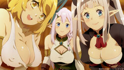  3girls black_bow blonde_hair blue_eyes blue_ribbon bow braid breasts cleavage cleavage_cutout clothing_cutout covered_nipples detached_sleeves elf grey_hair hair_ribbon hairbow highres isekai_nonbiri_nouka long_hair looking_at_viewer multiple_girls nolia pointy_ears ria_(isekai_nonbiri_nouka) ribbon rurushi_ru signature tia_(isekai_nonbiri_nouka) twintails yellow_eyes 