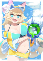  +_+ :d animal_ear_fluff animal_ears aqua_eyes bikini blonde_hair blush breasts cleavage female flipped_hair fox_ears fox_girl fox_tail highres hikimayu holding holding_water_gun hos_kor inaho_(world_flipper) jacket large_breasts navel oerba_yun_fang open_clothes open_jacket smile solo swimsuit tail twitter_username visor_cap water water_gun world_flipper 