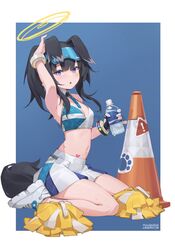  absurdres animal_ears arm_up armpits bare_arms bilibili_xiaolu black_hair blue_archive blue_eyes bottle bracelet breasts cheerleader cleavage commentary_request crop_top dog_ears dog_tail female full_body gloves goggles goggles_on_head halo heart heart_tattoo hibiki_(blue_archive) hibiki_(cheer_squad)_(blue_archive) highres holding holding_bottle jewelry long_hair looking_at_viewer midriff millennium_cheerleader_outfit_(blue_archive) miniskirt navel official_alternate_costume parted_lips pom_pom_(cheerleading) ponytail sidelocks simple_background single_glove sitting skirt solo star_(symbol) stomach sweat tail tattoo traffic_cone wariza yellow_halo 