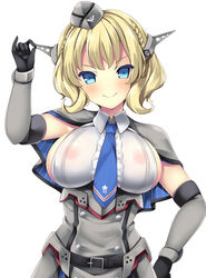  akikaze_tsumuji black_gloves blonde_hair blue_eyes blue_necktie blush breasts capelet colorado_(kancolle) detached_sleeves female garrison_cap gloves grey_hat hat headgear highres kantai_collection large_breasts necktie shirt short_hair simple_background sleeveless sleeveless_shirt smile solo star_(symbol) upper_body white_background white_shirt 