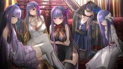  5girls bandages bb_(fate) bb_(fate/extra) blue_eyes breasts commentary_request dress earrings fate/extra fate/extra_ccc fate/extra_ccc_fox_tail fate/grand_order fate_(series) hair_ribbon highres jewelry kayjae kingprotea_(fate) large_breasts meltryllis_(fate) meltryllis_(swimsuit_lancer)_(fate) multiple_girls one_eye_covered passionlip_(fate) purple_eyes purple_hair ribbon sitting sunglasses thighhighs 