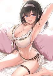  abs alternate_costume armpits backlighting barefoot bikini black_hair blue_eyes blunt_bangs breasts cleavage collarbone commentary cosplay covered_nipples dot_nose female full_moon granblue_fantasy hairband heart heart-shaped_pillow highres huge_breasts ichimichi_mao idolmaster idolmaster_cinderella_girls looking_at_viewer looking_away medium_hair mk_(mod0) moon narmaya_(granblue_fantasy) narmaya_(granblue_fantasy)_(cosplay) narmaya_(summer)_(granblue_fantasy) navel open_mouth parted_bangs pillow sagisawa_fumika shadow sitting solo spread_legs stomach swimsuit thigh_strap thighs voice_actor_connection wariza white_bikini white_hairband 