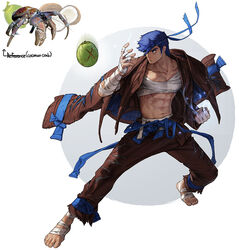  1boy abs absurdres bandaged_arm bandages bara barefoot belt blue_belt blue_hair blue_ribbon brown_coat brown_pants chest_sarashi clenched_hand coat coat_on_shoulders coconut coconut_crab crab full_body highres long_sideburns male_focus muscular muscular_male navel navel_hair original pants pectoral_cleavage pectorals personification reference_inset ribbon rinotuna sarashi serious shadow short_hair sideburns solo standing 