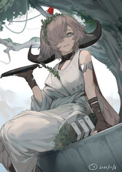  absurdres animal_ears arknights armlet brown_gloves brown_hair chinese_commentary closed_mouth commentary_request cow_ears cow_girl cow_horns dated dress dutch_angle female fingerless_gloves flower flower_on_head gloves green_eyes hair_over_one_eye hand_up highres holding horns long_sleeves looking_at_viewer official_alternate_costume outdoors pallas_(arknights) pallas_(heritage)_(arknights) red_flower short_hair simple_background single_sleeve solo tree white_dress yumingtongxue 