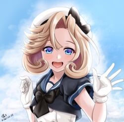  :d artist_name blonde_hair blue_eyes blue_sailor_collar blush dated dress female gloves hat janus_(kantai_collection) kantai_collection open_mouth sailor_collar sailor_dress sailor_hat shirt short_hair short_sleeves signature smile solo tk8d32 upper_body white_gloves white_headwear white_shirt 