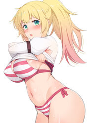  aqua_eyes arm_strap bikini blonde_hair blush breasts clothes_lift covered_nipples female honda_naoki large_breasts lifting_own_clothes long_hair long_sleeves looking_at_viewer nose_blush ponytail puffy_long_sleeves puffy_sleeves rit_(shin_no_nakama) shin_no_nakama_janai_to_yuusha_no_party_wo_oidasareta_no_de_henkyou_de_slow_life_suru_koto_ni_shimashita shirt shirt_lift side-tie_bikini_bottom solo stomach striped_bikini striped_clothes swimsuit undressing wet white_shirt 