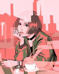  bad_id bad_pixiv_id black_choker black_eyes black_shirt bob_cut bottle brown_hair choker commentary cup diner elbow_rest female greenblack hand_on_table head_rest highres jewelry leon_the_professional lips looking_afar mathilda_lando mug parted_lips pendant pendant_choker reflection saucer shirt short_hair solo syrup teacup window 