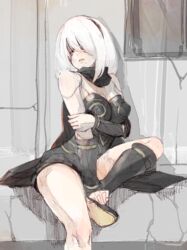  2b_(nier:automata) black_blindfold black_footwear black_hairband blindfold boots breasts cosplay female gravity_daze hair_between_eyes hairband kitten_(gravity_daze) kitten_(gravity_daze)_(cosplay) knee_boots large_breasts mole mole_under_mouth nier:automata nier_(series) red_scarf scarf sitting solo tomamatto vambraces white_hair 