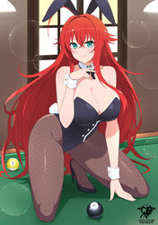  8-ball animal_ears aqua_eyes arm_support artist_name ball billiard_ball billiards black_footwear black_pantyhose breasts closed_mouth detached_collar fake_animal_ears female fishnet_pantyhose fishnets hair_between_eyes high_heels high_school_dxd highres huge_breasts indoors kaos_art kneeling leotard long_hair looking_at_viewer on_table pantyhose patreon_username playboy_bunny pool_table red_hair rias_gremory shadow smile solo strapless strapless_leotard table very_long_hair window wrist_cuffs 