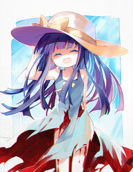  aqua_dress bleeding blood blood_on_clothes blood_stain closed_eyes commentary dress female film_grain furude_rika hand_on_headwear hand_up hat hat_ribbon higurashi_no_naku_koro_ni hiragi_rin long_hair purple_hair ribbon sleeveless sleeveless_dress smile solo sun_hat sundress torn_clothes torn_dress yellow_ribbon 