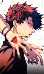  2boys arm_tattoo black_hair black_jacket black_nails commentary fushiguro_megumi green_eyes hand_focus hand_mouth high_collar highres jacket jujutsu_kaisen litchi_(taechiii2) looking_away male_focus multiple_boys out_of_frame outstretched_arms parted_lips profile ryoumen_sukuna_(jujutsu_kaisen) short_hair solo_focus spiked_hair symbol-only_commentary tattoo tongue tongue_out tongue_tattoo upper_body white_background yaoi 