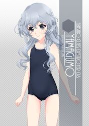  artist_name black_one-piece_swimsuit character_name checkered_background collarbone commentary_request competition_school_swimsuit cowboy_shot female flat_chest gradient_background grey_eyes grey_hair highres inaba_shiki kantai_collection long_hair looking_at_viewer one-hour_drawing_challenge one-piece_swimsuit school_swimsuit sidelocks smile solo swimsuit wavy_hair yamagumo_(kancolle) 