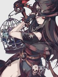  1other 2girls androgynous artist_name bad_id bad_twitter_id bare_shoulders belt black_hair black_headwear cage dated demon_girl demon_horns demon_wings fingerless_gloves gloves guilty_gear guilty_gear_strive hat hat_over_one_eye highres holding holding_weapon horns lemming_no_suana long_hair looking_at_viewer multiple_girls other_focus parted_lips red_eyes scythe simple_background skirt skull smile succubus_familiar testament_(guilty_gear) thighs top_hat weapon wings 