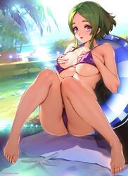  bare_arms bare_legs bare_shoulders barefoot bikini blurry blurry_background breasts commentary_request day feet female green_hair gundam gundam_suisei_no_majo hand_under_clothes hand_under_swimsuit highres knees_up large_breasts looking_at_viewer maisie_may outdoors oyaman palm_tree parted_bangs parted_lips poolside purple_bikini purple_eyes short_hair sitting solo sunlight swimsuit toes tree twitter_username 