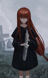  absurdres alto_saxophone amamizu_shizuku bell black_capelet black_dress braid brown_eyes brown_hair capelet commentary_request dress female hair_between_eyes highres holding holding_instrument holding_saxophone instrument long_hair long_sleeves looking_at_viewer low-tied_long_hair original outdoors overcast parted_lips saxophone sky smile solo very_long_hair wide_sleeves windmill 