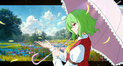  ascot blue_sky cloud collared_shirt female field flower flower_field from_side grass green_hair highres kazami_yuuka letterboxed long_sleeves looking_at_viewer medium_hair messy_hair outdoors outside_border parasol petals plaid plaid_vest shirt sky smile solo_focus tasuku_(tusktouhou4) touhou umbrella upper_body vest white_shirt yellow_ascot 