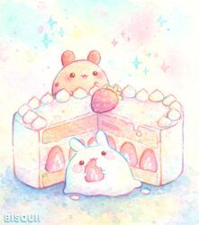  :3 animal artist_name bisquii cake candy chipi eating food fruit holding holding_food mu multicolored_background no_humans open_mouth original painting_(medium) pastel_colors rabbit sparkle strawberry strawberry_shortcake sweets traditional_media watercolor_(medium) whipped_cream 