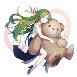  black_footwear black_skirt blue_hair closed_mouth commentary female flower green_hair hair_ribbon high_heels higurashi_no_naku_koro_ni hiragi_rin long_hair oversized_object ribbon simple_background skirt solo sonozaki_shion stuffed_animal stuffed_toy sweater tearing_up tears teddy_bear turtleneck turtleneck_sweater white_sweater yellow_ribbon 