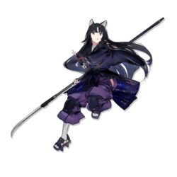  animal_ears arknights black_hair black_kimono brown_eyes dog_ears duoyuanjun female full_body geta highres holding holding_polearm holding_weapon japanese_clothes kimono knee_pads long_hair long_sleeves looking_at_viewer naginata official_art pants parted_lips polearm purple_pants saga_(arknights) solo tabi tachi-e transparent_background weapon white_legwear wide_sleeves 