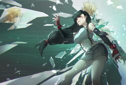  1boy bare_shoulders black_hair black_skirt blonde_hair blood blood_on_arm blue_eyes breasts broken_glass bruise cloud_strife crop_top crow0cc detached_sleeves earrings female final_fantasy final_fantasy_vii fingerless_gloves glass gloves highres injury jewelry large_breasts long_hair low-tied_long_hair midriff navel red_eyes red_gloves skirt spiked_hair suspender_skirt suspenders tank_top tears tifa_lockhart white_tank_top 