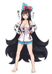  bad_id bad_pixiv_id bare_shoulders barefoot black_hair blush blush_stickers bow breasts cleavage collarbone commentary_request eyewear_hang fate/grand_order fate_(series) female full_body hairbow hands_on_own_hips highres hirunagi jacket large_breasts legs long_hair long_sleeves looking_at_viewer off_shoulder sei_shounagon_(fate) sei_shounagon_(third_ascension)_(fate) simple_background smile solo translation_request unworn_eyewear very_long_hair white_background white_jacket yellow_eyes 