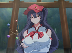  arms_under_breasts bare_shoulders black_hair bow bowtie branch breasts brown_eyes cabbie_hat closed_mouth commentary_request crossed_arms detached_sleeves dolls_in_pseudo_paradise eyelashes female flat_cap hat hat_ornament highres label_girl_(dipp) large_breasts long_hair long_sleeves looking_at_viewer mandarin_collar outdoors red_bow red_bowtie red_hat side_ponytail solo star_(symbol) star_hat_ornament tasuku_(tusktouhou4) torii touhou upper_body very_long_hair vest white_sleeves white_vest wide_sleeves 