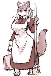  2020 anthro apron breasts bucket canid canine cleaning_tool clothed clothing container dress female fox hi_res kemono maid_headdress maid_uniform mammal monochrome mop setouchi_kurage simple_background solo uniform white_background 