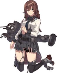  belt belt_buckle black_belt brown_hair buckle burnt_clothes closed_mouth defeat female frown full_body garter_straps green_eyes grey_skirt kantai_collection kneeling konishi_(koconatu) long_hair long_sleeves looking_at_viewer machinery noshiro_(kancolle) noshiro_kai_ni_(kancolle) official_art pleated_skirt rigging sidelocks skirt solo tachi-e torn_clothes transparent_background twintails 