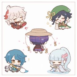  4boys akahito_(genshin_impact) black_hair blue_hair brush chibi closed_eyes female flower genshin_impact grey_hair hair_flower hair_ornament hat highres japanese_clothes kaedehara_kazuha kamisato_ayaka kuronushi_(genshin_impact) monocle multicolored_hair multiple_boys red_hair ribbon scaramouche_(genshin_impact) short_hair simple_background smile streaked_hair suikou_(genshin_impact) sumizome_(genshin_impact) venti_(genshin_impact) white_background xingqiu_(aoi_no_okina)_(genshin_impact) xingqiu_(genshin_impact) yuita-kun 